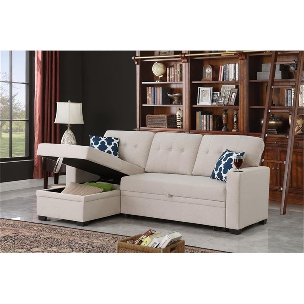 Reversible Fabric Sleeper Sofa Bed & Chaise with Cup Holder-Beige