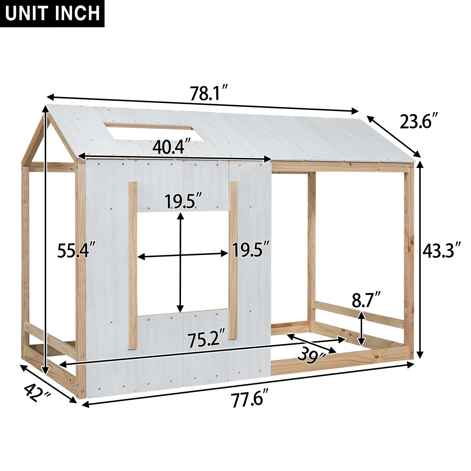 Bed Frame, Twin Size House Floor Bed Frame with Headboard, Roof and Window,
