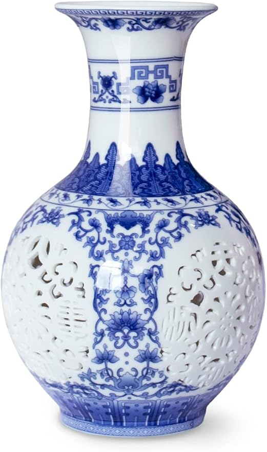 Blue and White Vase, Handmade Chinese Porcelain Flower Vase, Hollow Carved
