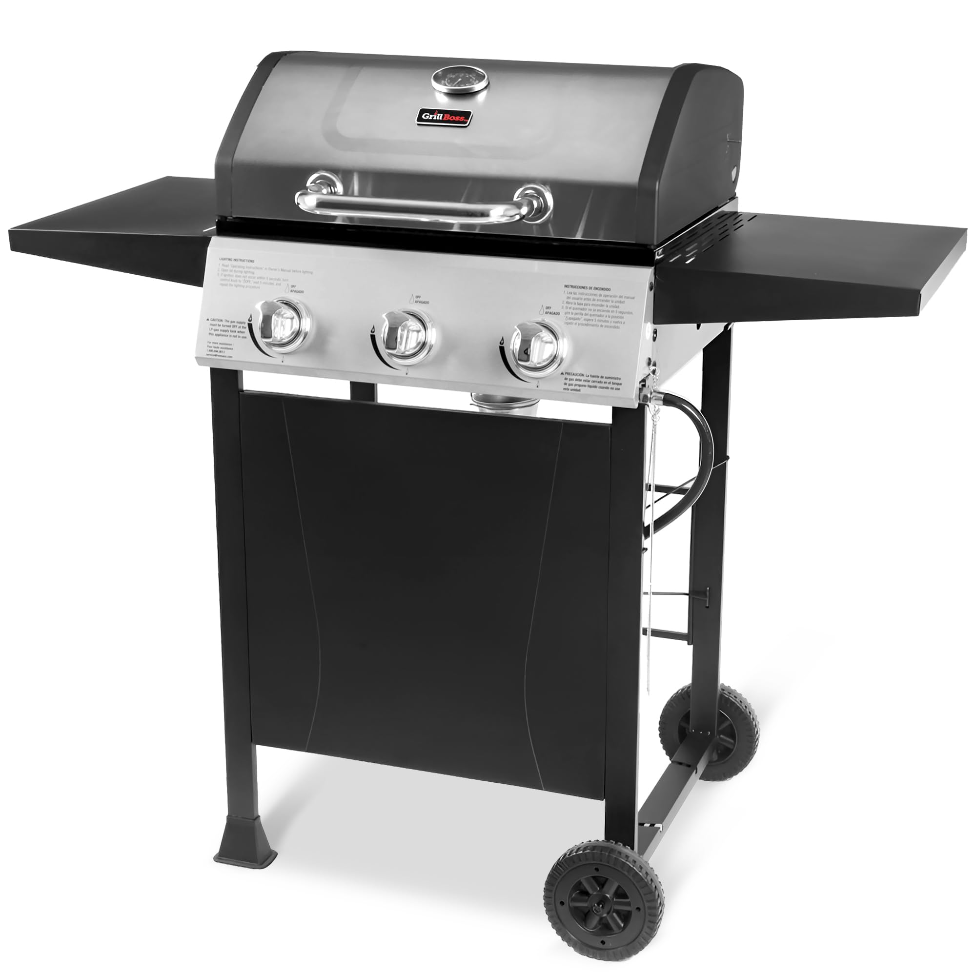 3 Burner Propane Gas Grill, Portable BBQ w/Lid, Wheels & Side Shelves