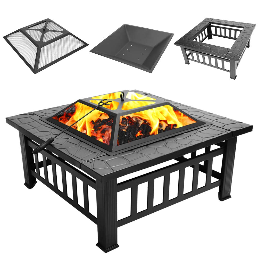 32 Inch Outdoor Metal Square Patio Table Fire Pit