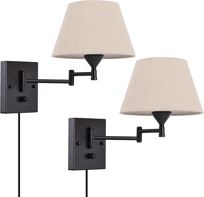 Sconce Set of 2 Swing Arm Wall Lamp with Plug in Cord and Grey Fabric Shade Wall