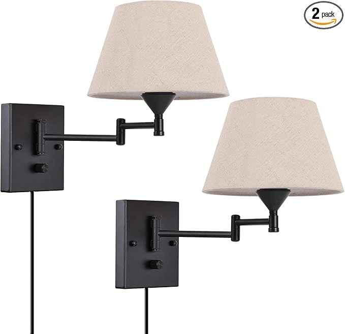 Wall Sconce Set of 2 Swing Arm Wall Lamp with Plug in Cord and Fabric Shade