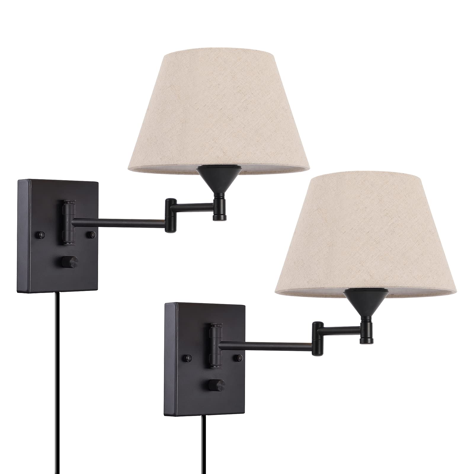 Wall Sconce Set of 2 Swing Arm Wall Lamp with Plug in Cord and Fabric Shade