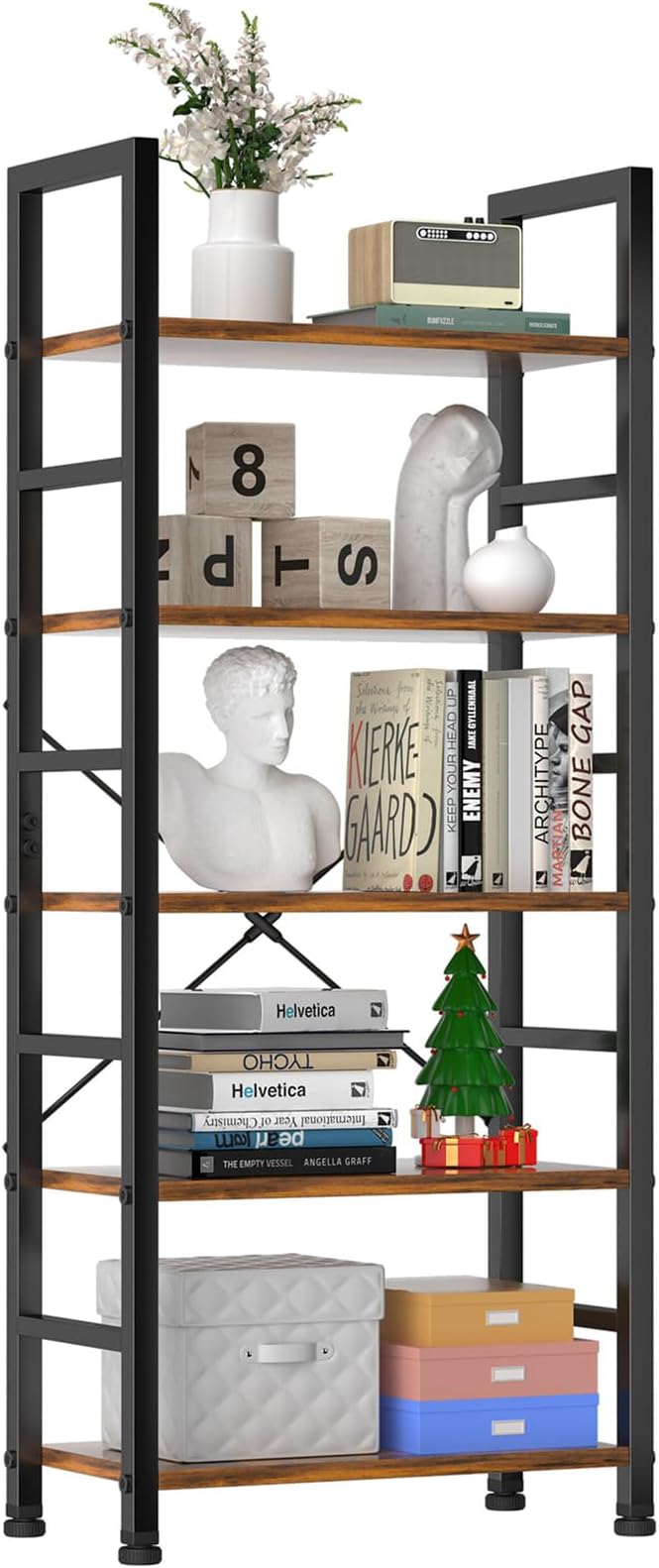 Book Shelf, 5 Tier Bookcase, Modern Tall Bookshelf for Garage Kit, CDs