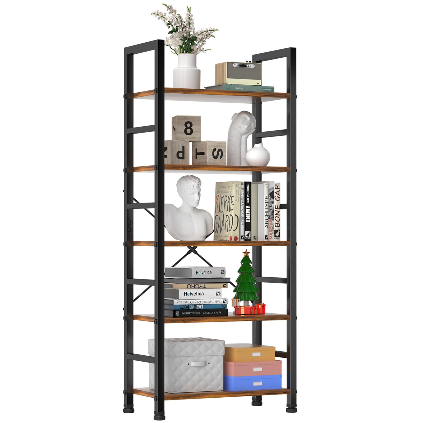 Book Shelf, 5 Tier Bookcase, Modern Tall Bookshelf for Garage Kit, CDs