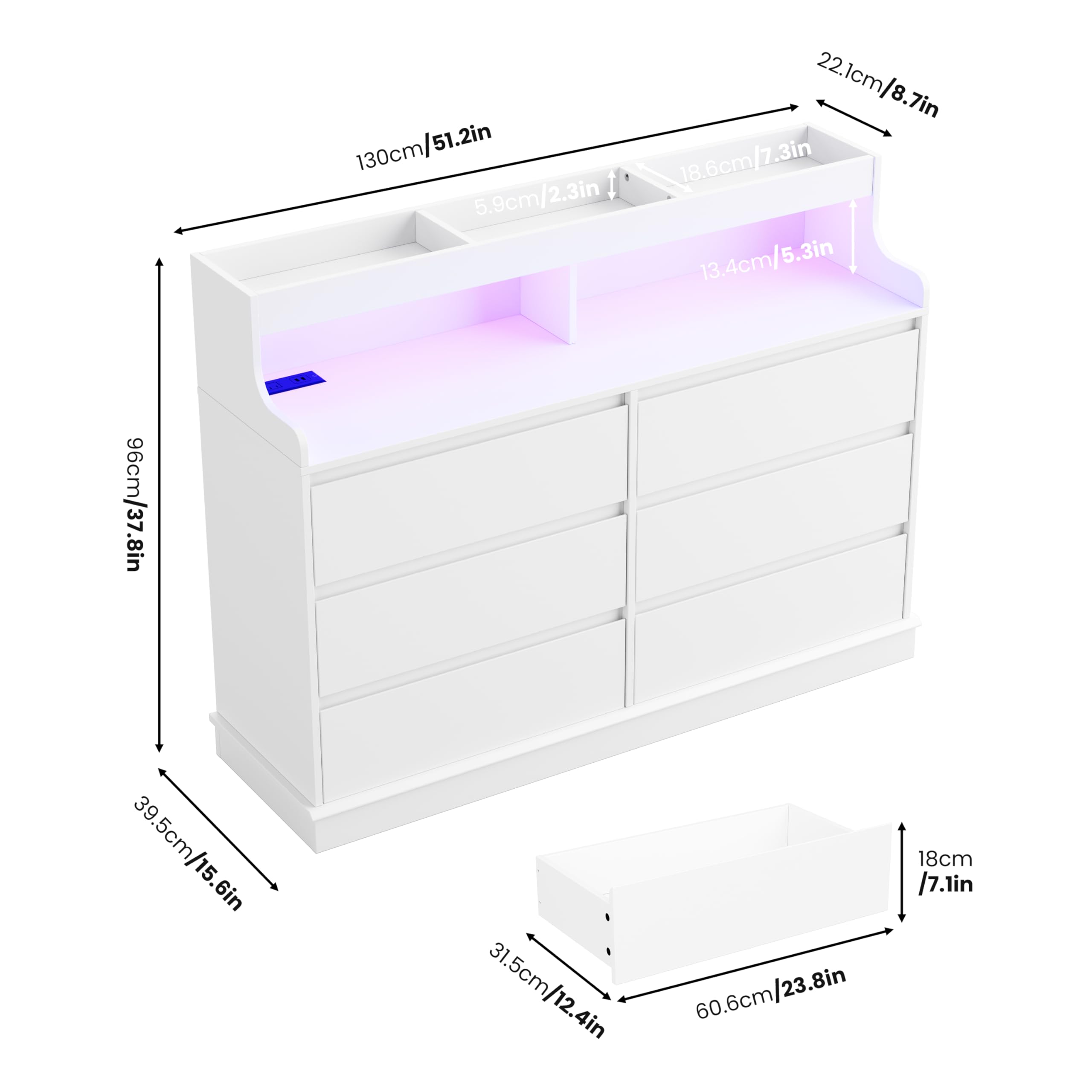 Dresser for Bedroom, 6 Drawer Dresser with LED Lights and Charging Station, Wide Chest of 6 Drawers with Open Space, Modern Large Capacity Storage Cabinet, Living Room, Hallway, White