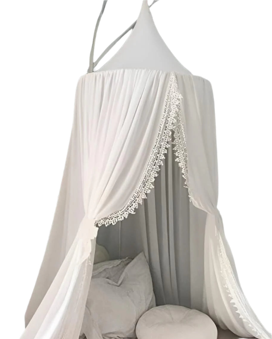 Kids Bed Canopy with Pom Pom Hanging Mosquito Net for Baby Crib Nook Castle Game
