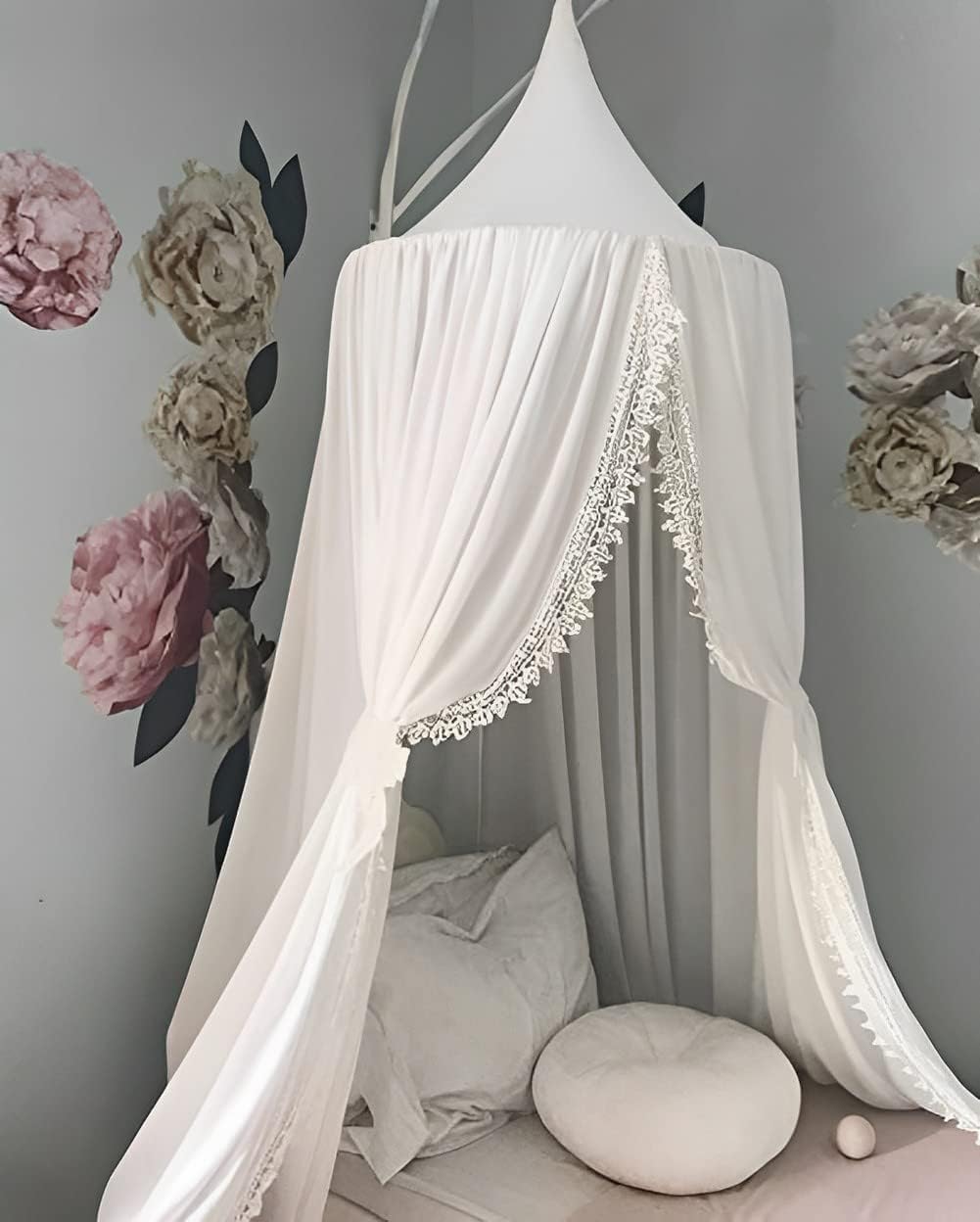 Kids Bed Canopy with Pom Pom Hanging Mosquito Net for Baby Crib Nook Castle Game