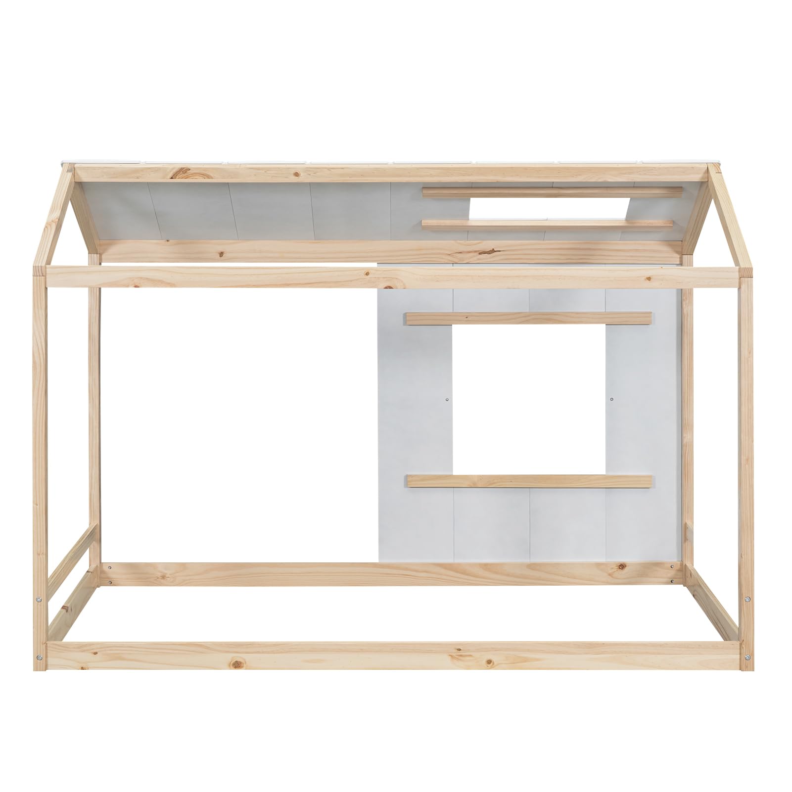 Bed Frame, Twin Size House Floor Bed Frame with Headboard, Roof and Window,