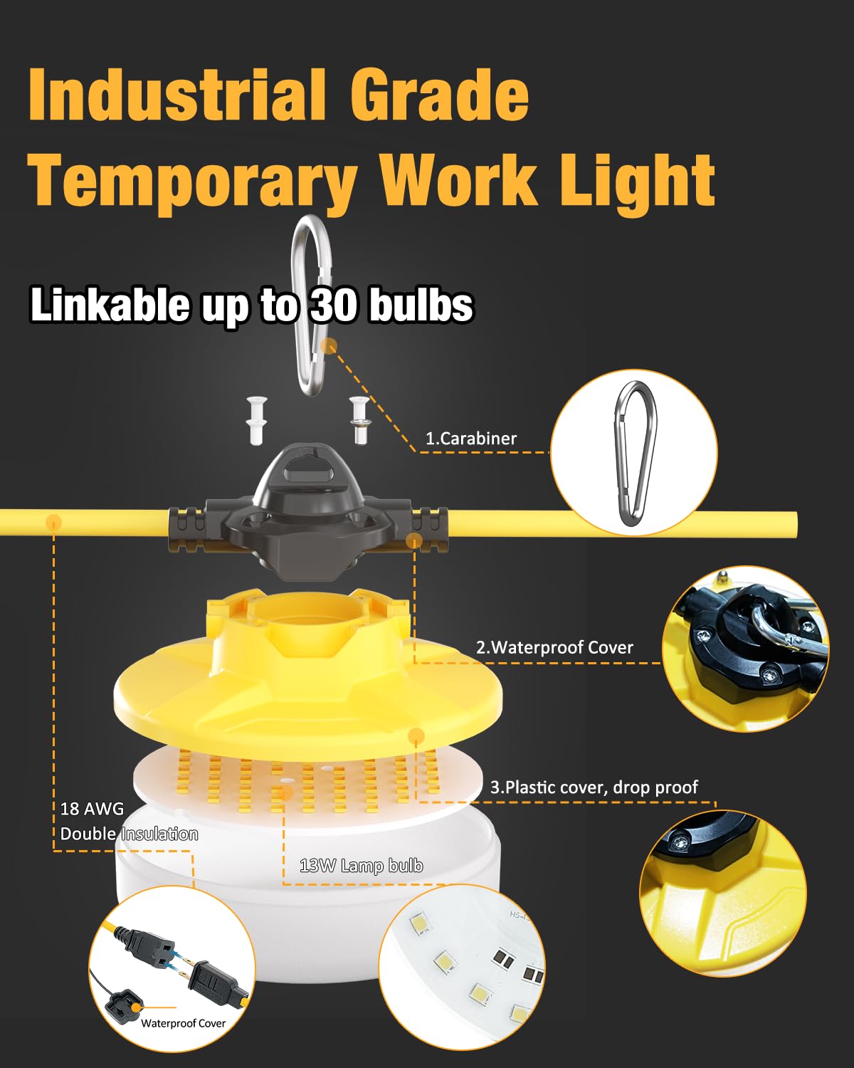 JC-LGL LED Construction String Light 100FT, 130W 16000Lm Industrial LED String Work Lights with 10 Bulbs, Linkable 5000K Super Bright Temporary Lighting for Construction Site, Job Site, Work Site