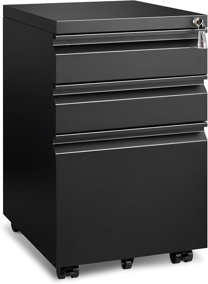 Home Office, Lockable 3 Drawer Filing Cabinet with Wheels