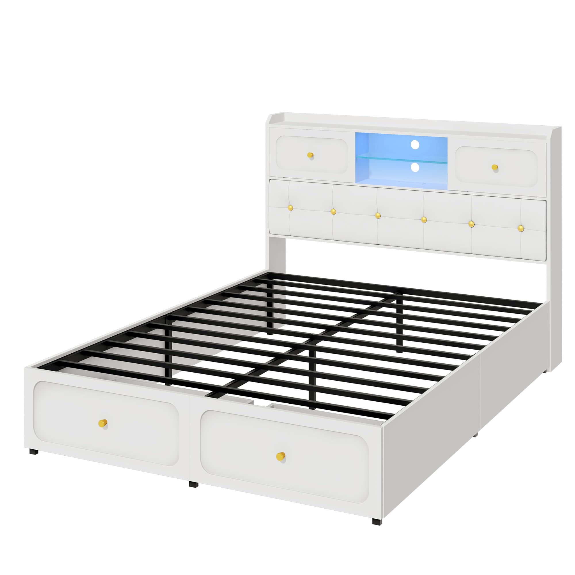 Bed Frame with Upholstered Headboard and 2 Storage Cabinet, Smart LED Lights