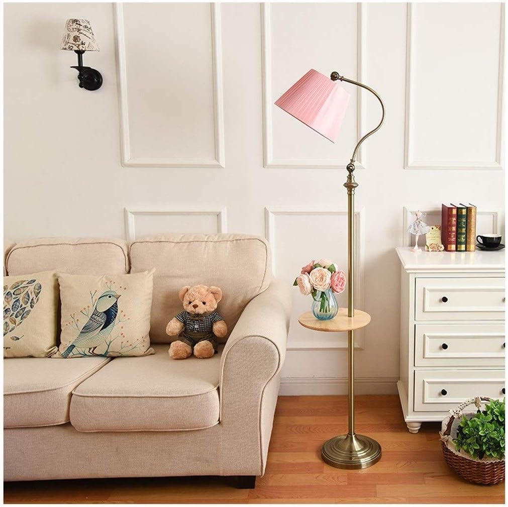 Floor Lamp Standing Light Adjustable Iron Floor Lamp with Wooden Table Fabric Lampshade