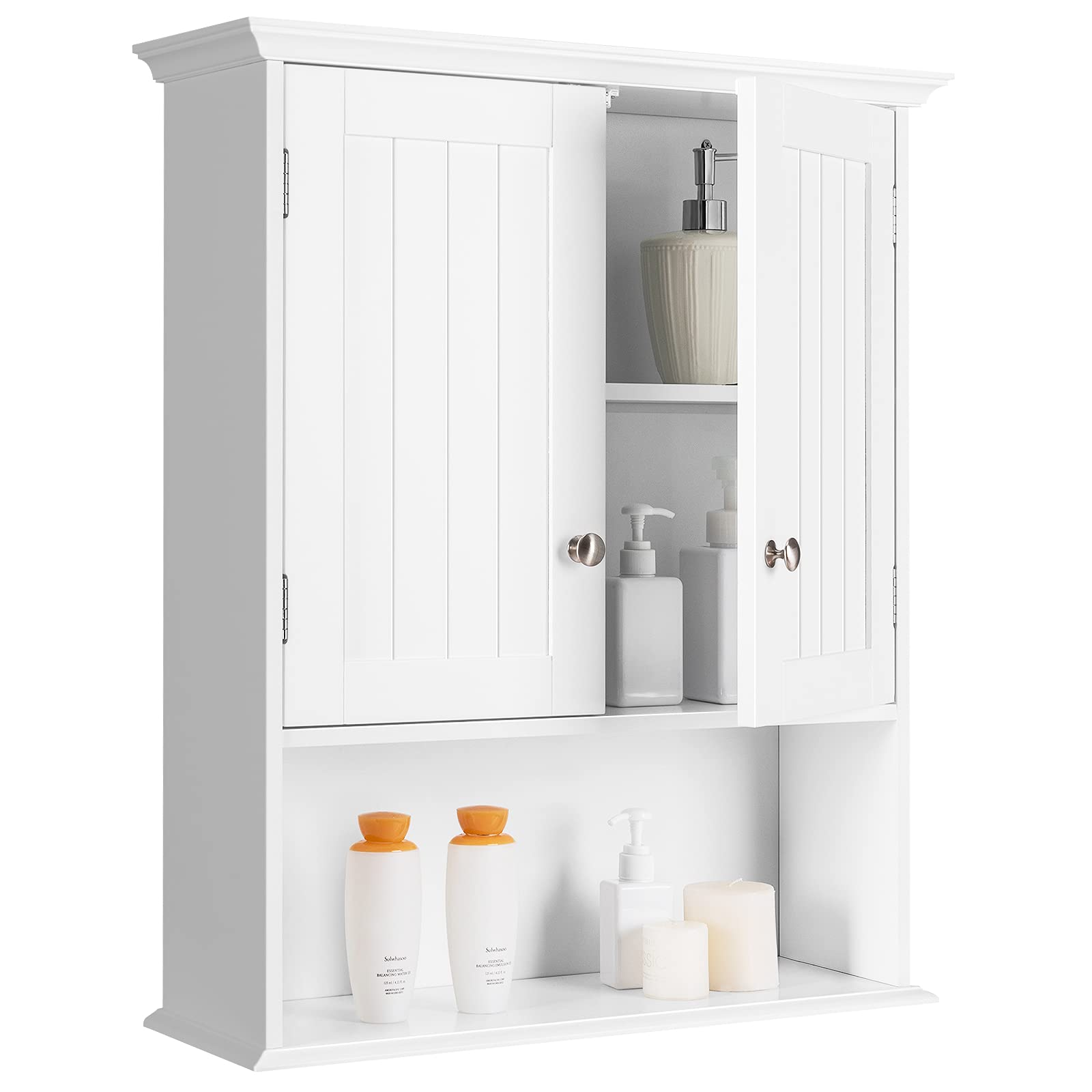 Bathroom Wall Cabinet, Wooden Hanging Storage with Doors & Shelves