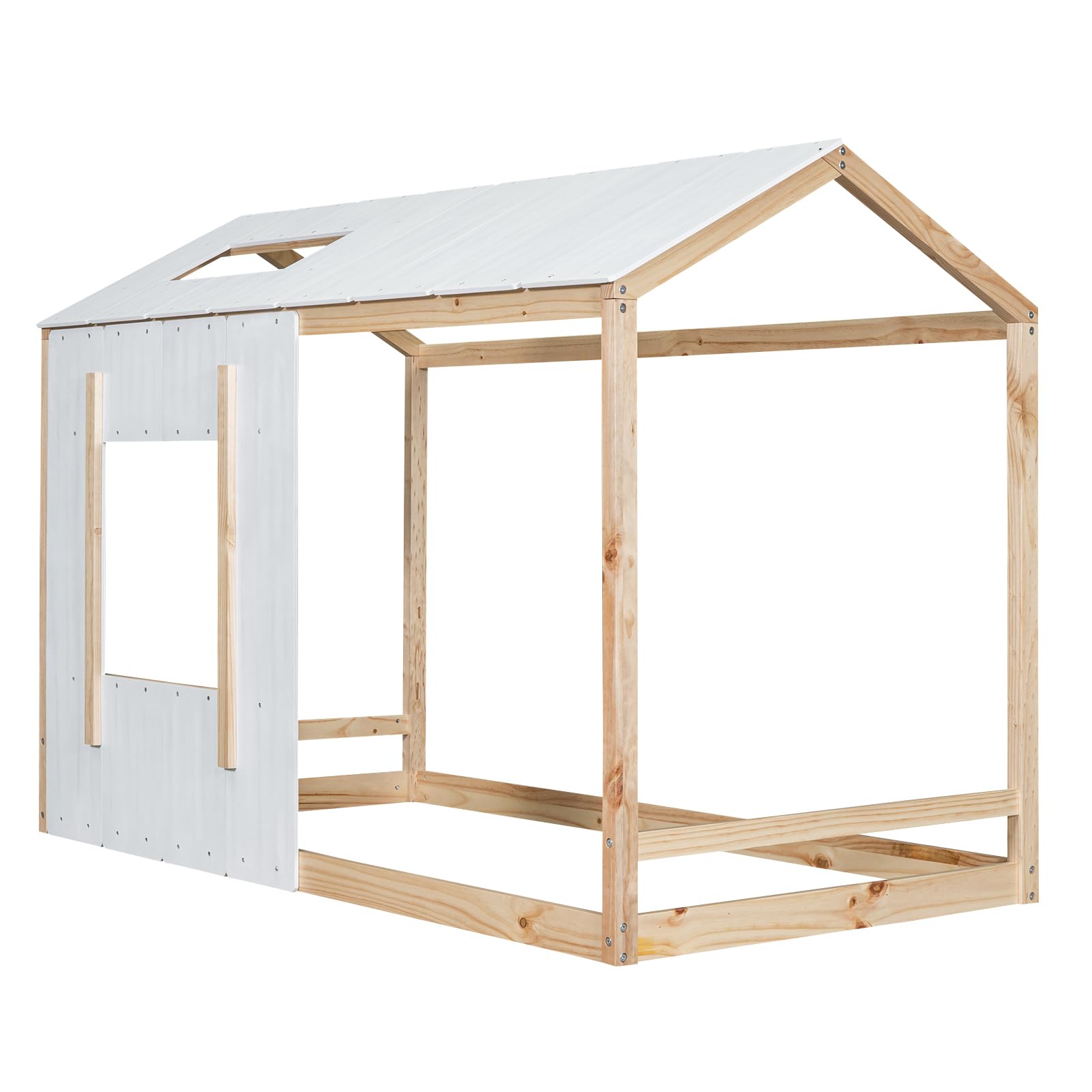 Bed Frame, Twin Size House Floor Bed Frame with Headboard, Roof and Window,