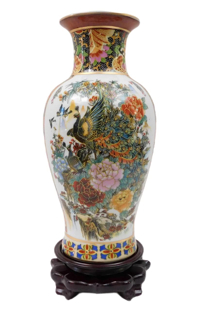 Vase with Peacock and Geisha Design 12" H