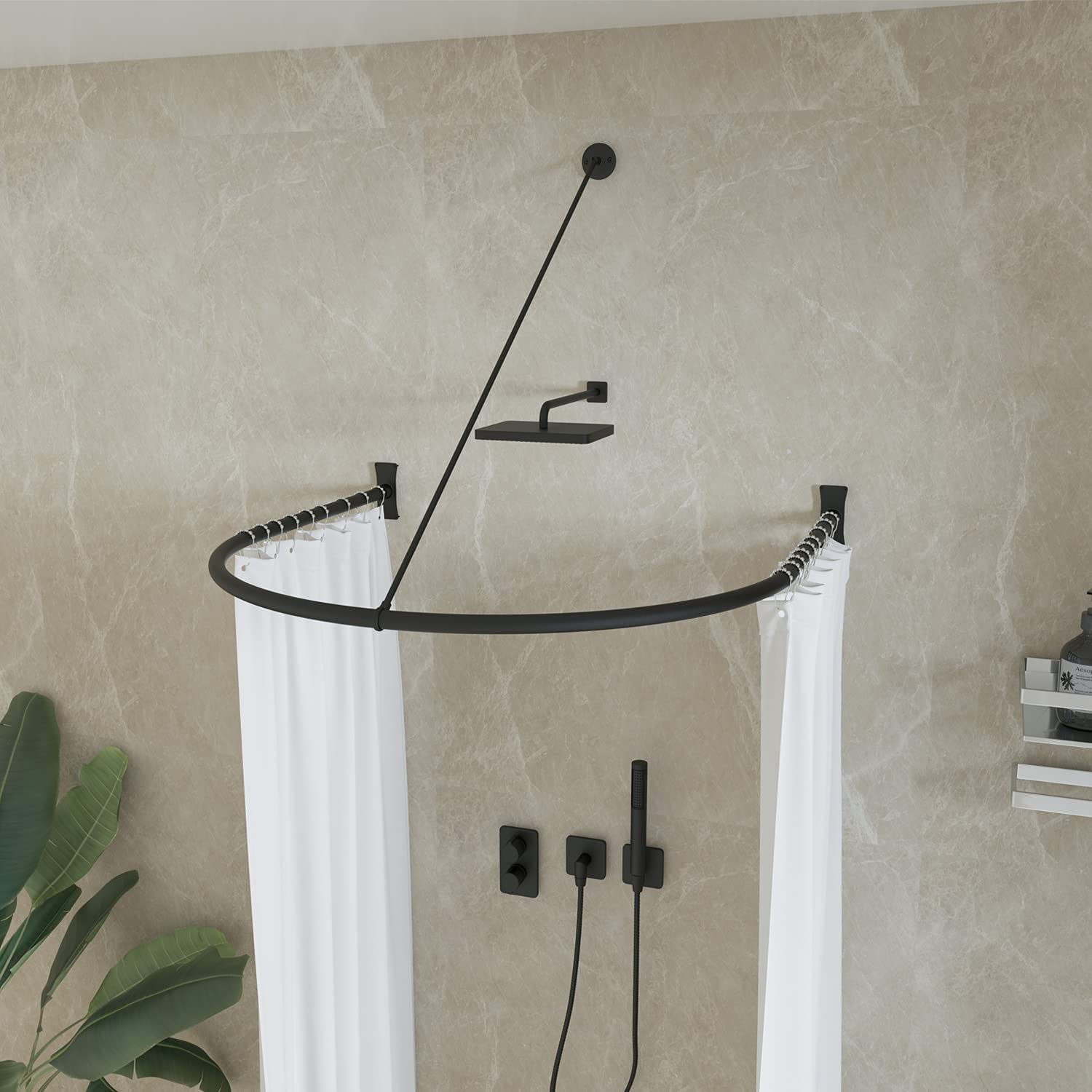 Heavy-Duty Half-Oval Stainless Steel Shower Curtain Rod with Swivel Ceiling Support