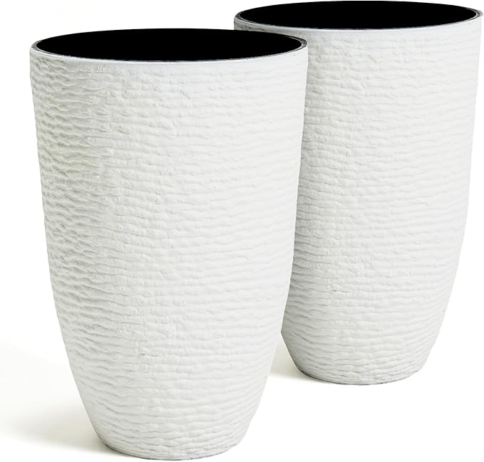 9 Gallon Tall Round Planters Set of 2-14" Dia x 21" H Stone Finish Flower Pots Indoor