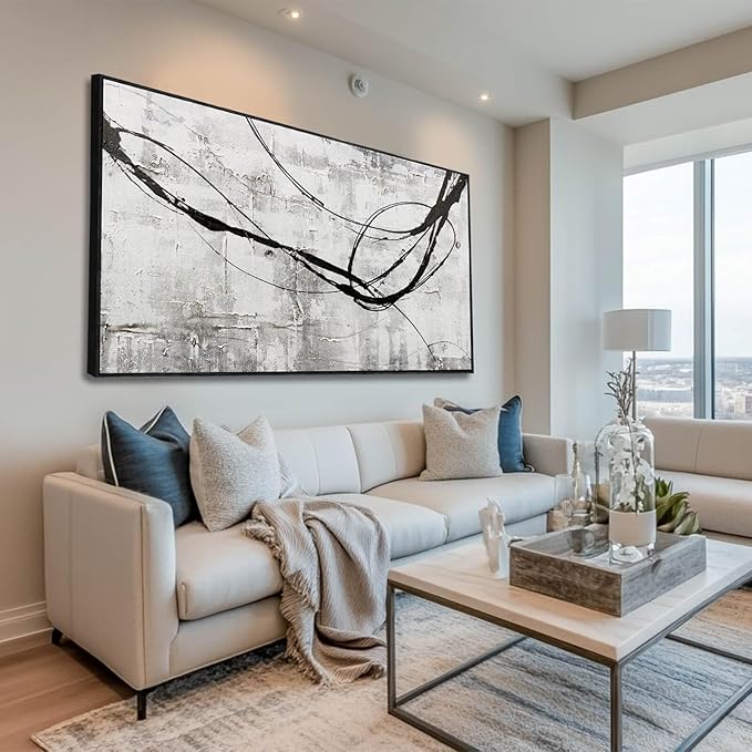 Black Line Canvas Pictures Gray Decorative Painting 29"x58" Wood Wall Art Modern Art Print