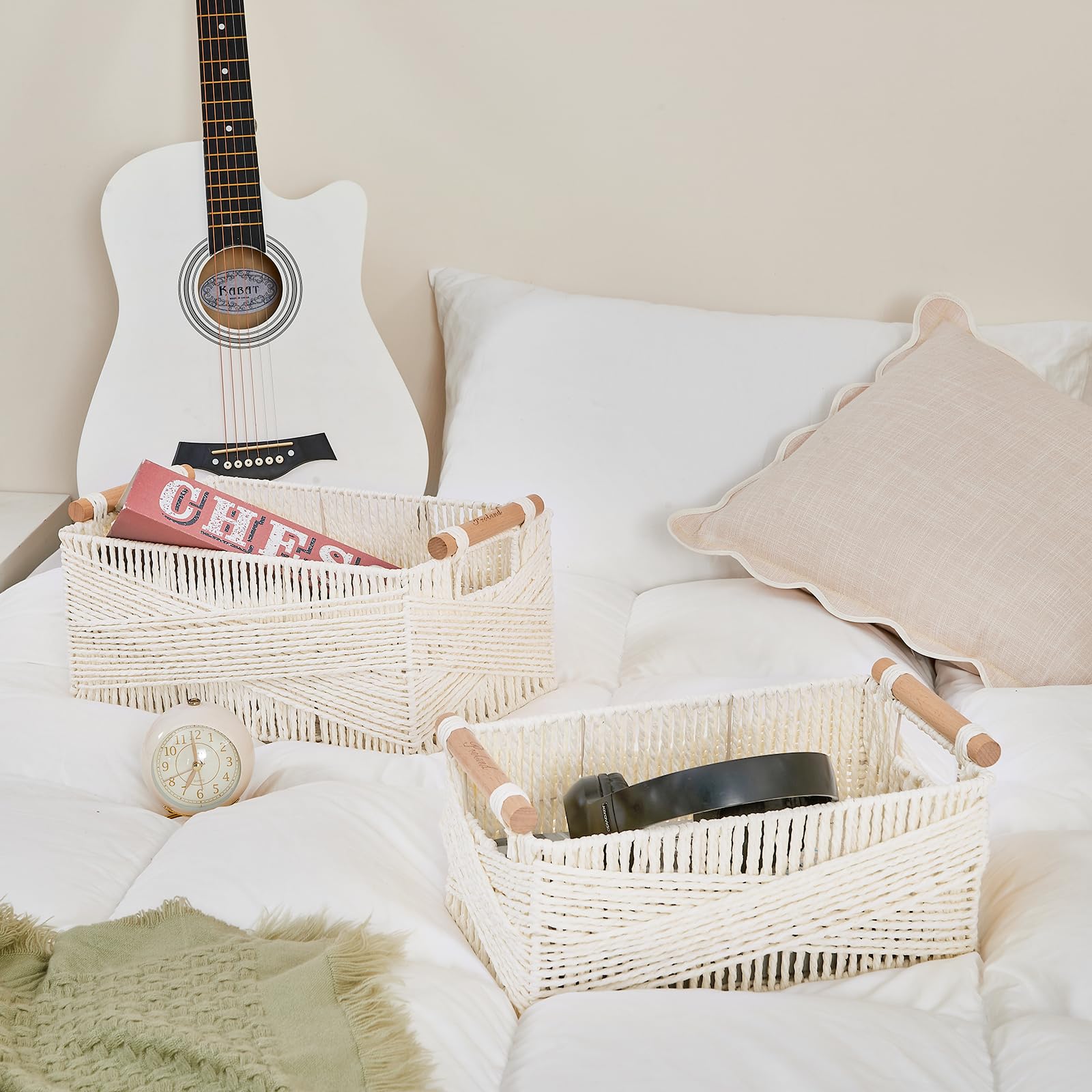 Storage Basket with Handle, Large Rectangular Wicker Basket for Organizing
