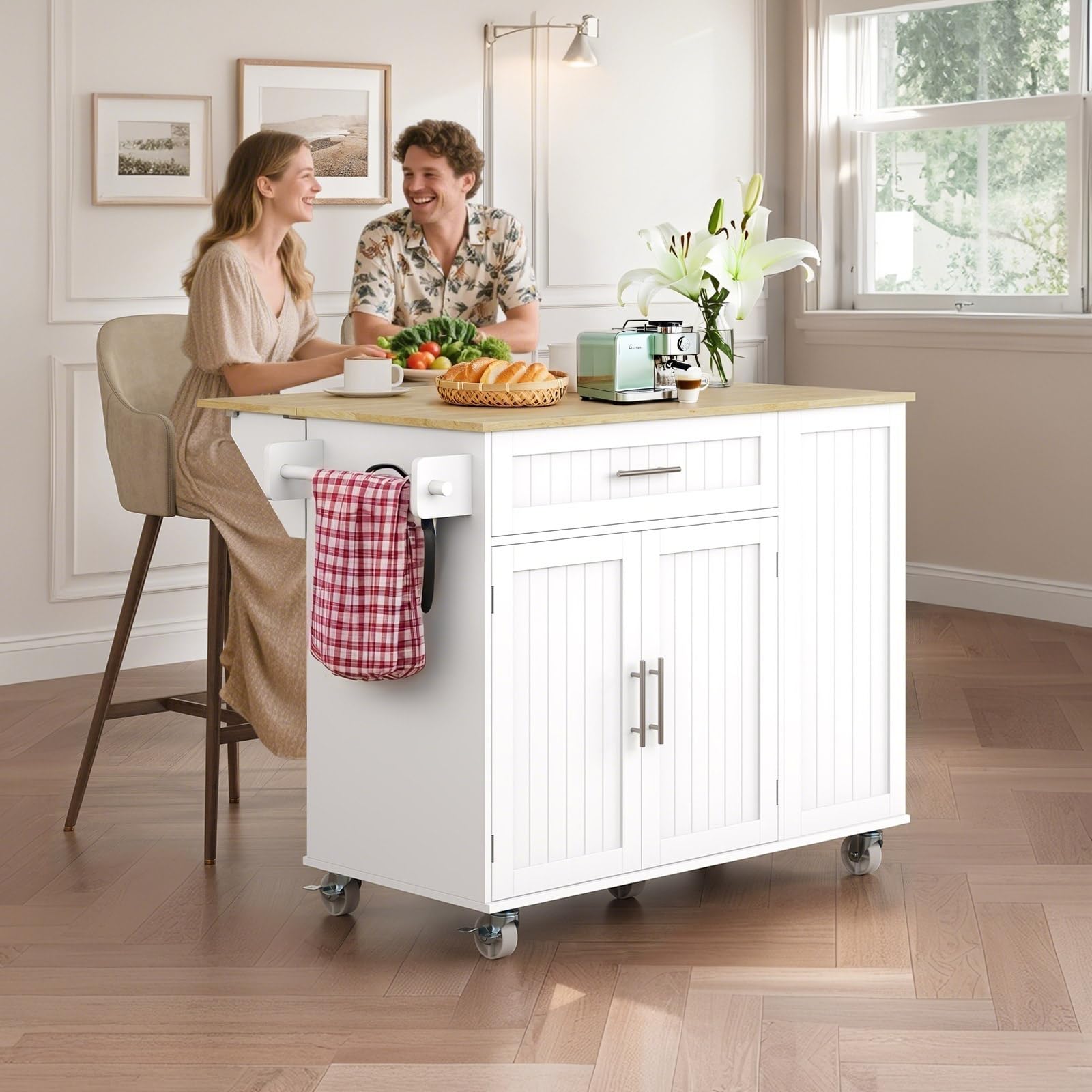 43.3" Kitchen Island with Storage, Island Table for Kitchen with Widen Drop