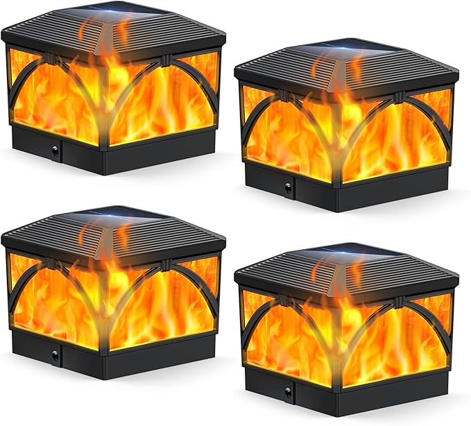 8 Pack Solar Flame Post Cap Lights Outdoor- Flickering Flame & Warm Light 4x4 Fence Post