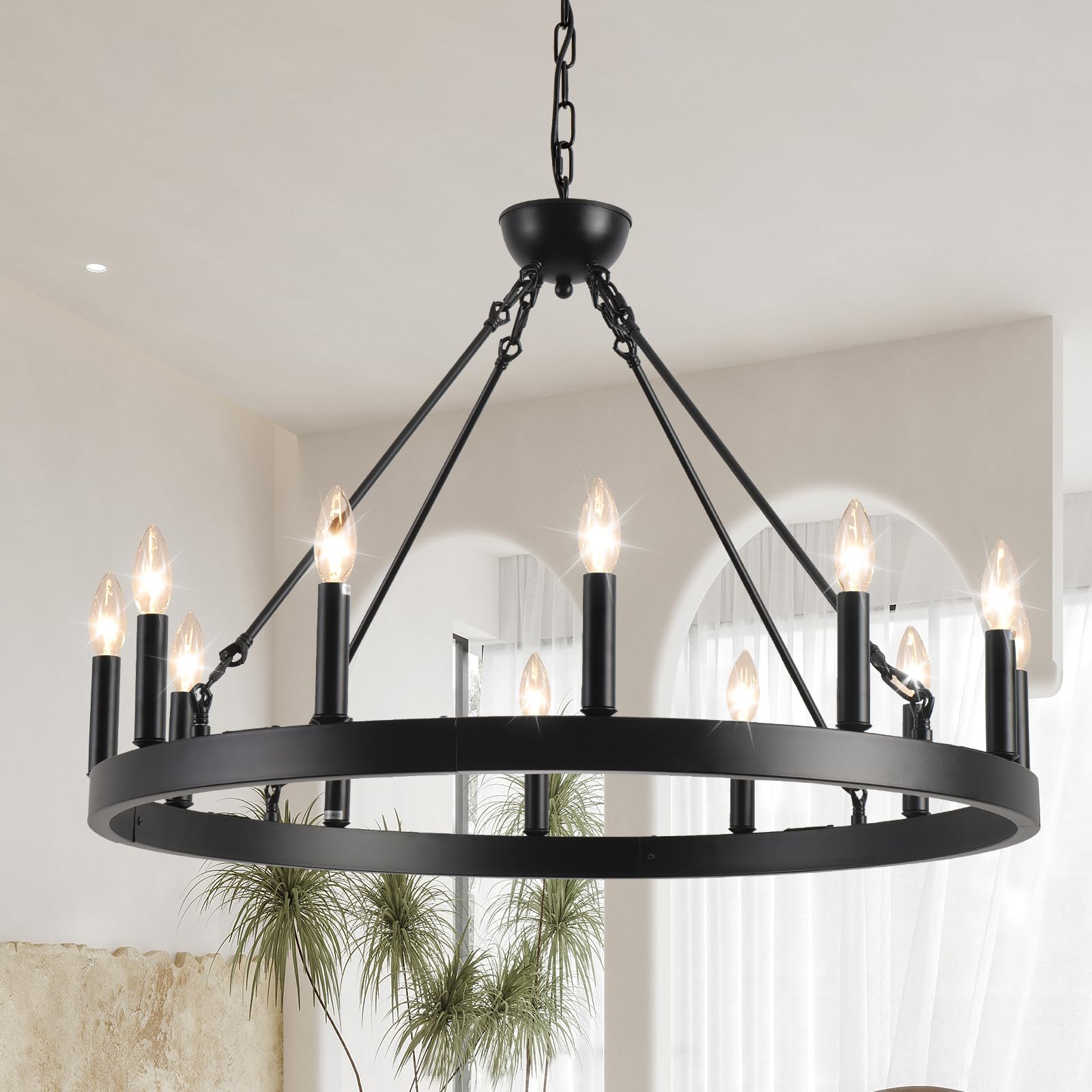 Wagon Wheel Chandelier 32" 12-Light, Round Black Chandeliers Farmhouse Modern