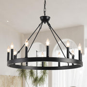 Wagon Wheel Chandelier 32" 12-Light, Round Black Chandeliers Farmhouse Modern