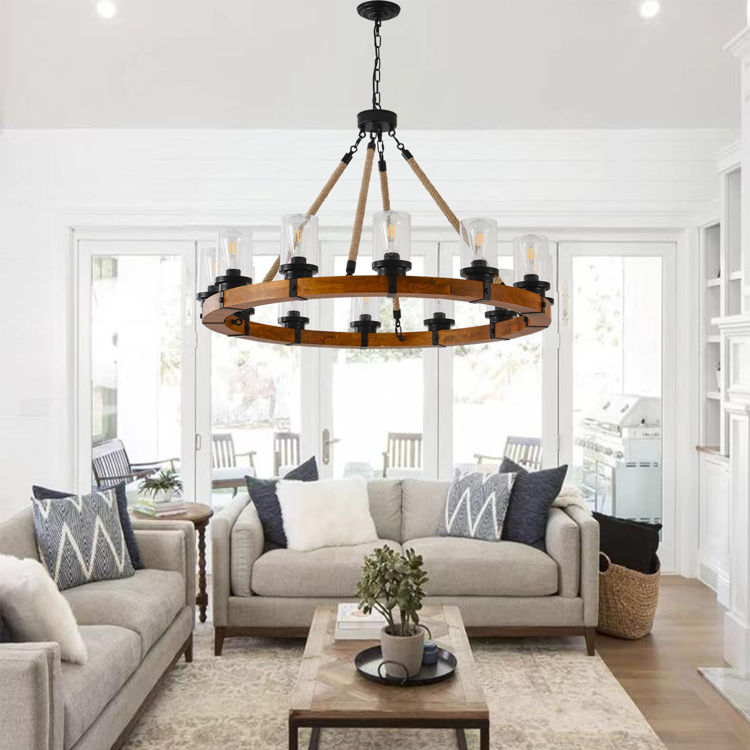 12 Light Wagon Wheel Chandelier, Round Wood Pendant Light