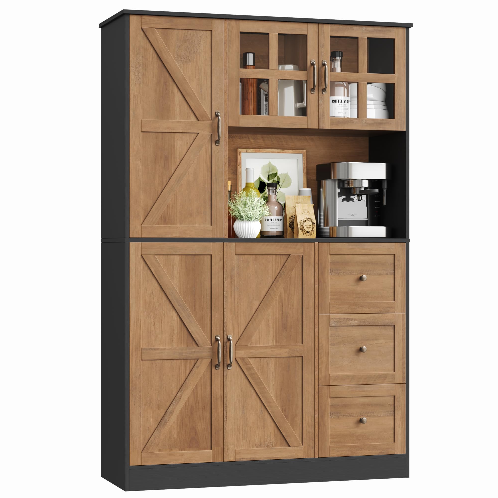 Farmhouse Pantry Cabinet, Kitchen Pantry Storage Cabinet with Microwave Stand