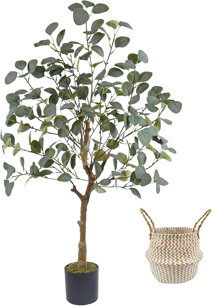 Artificial Eucalyptus Tree, 6ft Tall Fake Eucalyptus Plant with Basket, Green Silver