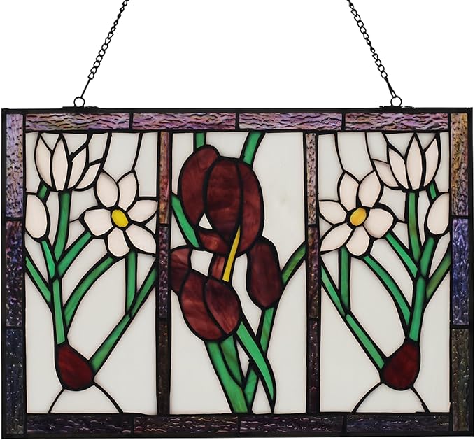 Rectangular Lily Stained Glass Window Hanging Tiffany Style Handmade 16" X 11" Purple