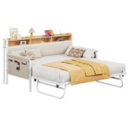 Daybed with Trundle, Twin Bed Frame with Upholstered Headboard and Charging Station