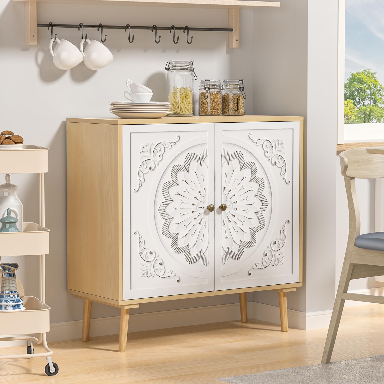Carved Accent Cabinet with Doors, Kitchen Buffet Cabinet Flower Patten