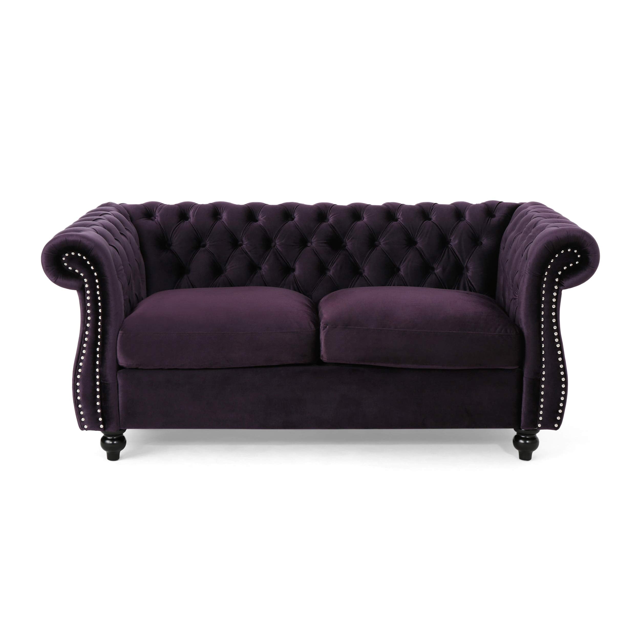 Karen Traditional Chesterfield Loveseat Sofa, BlackBerry and Dark Brown