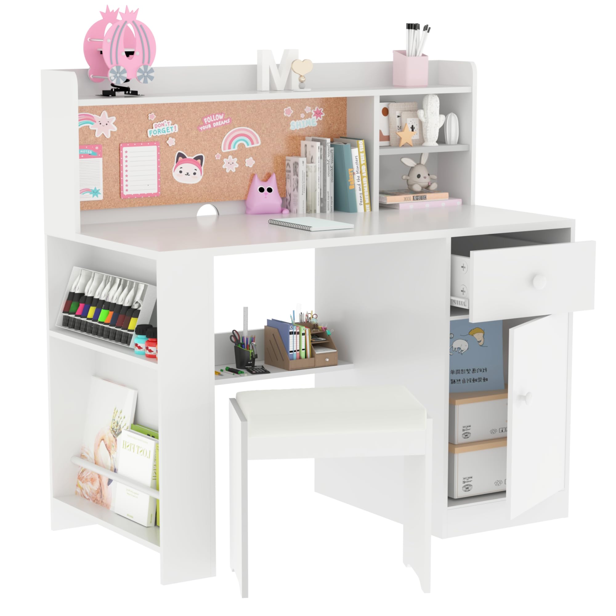 Desk and Chair, Big Kids Desk and Chair Sets with Hutch and Storage Cabinet