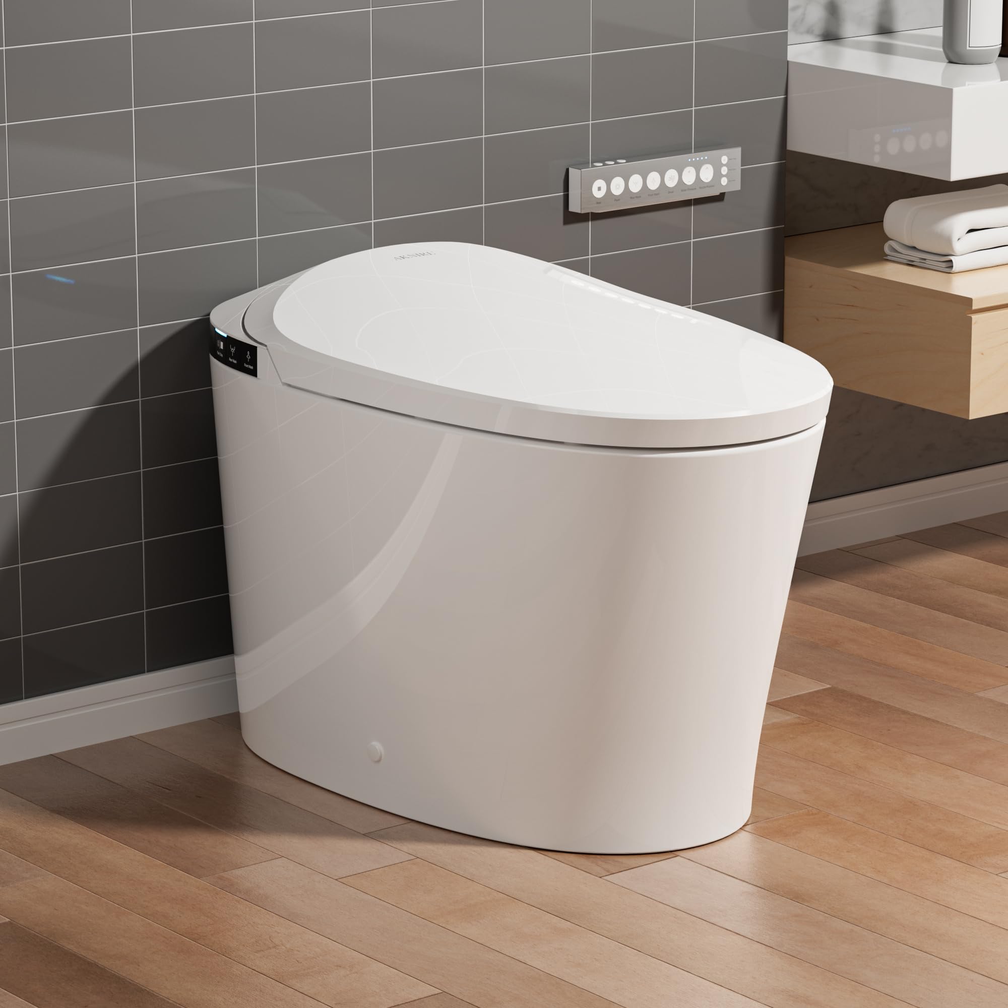 AKNIRL Smart Toilet with Bidet Built-in, Booster Pump Assisted, Powerful Auto Flush, Foot Sensor, Heated Seat, Warm Water, Night Light, Air Dryer, Deodorization, Bidet Toilet for Modern Bathroom