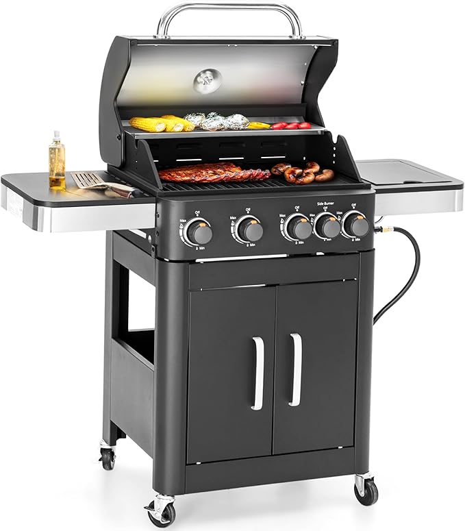 Charcoal and Propane Gas Grill Combo with Side Burner & Porcelain-Enameled Cast Iron