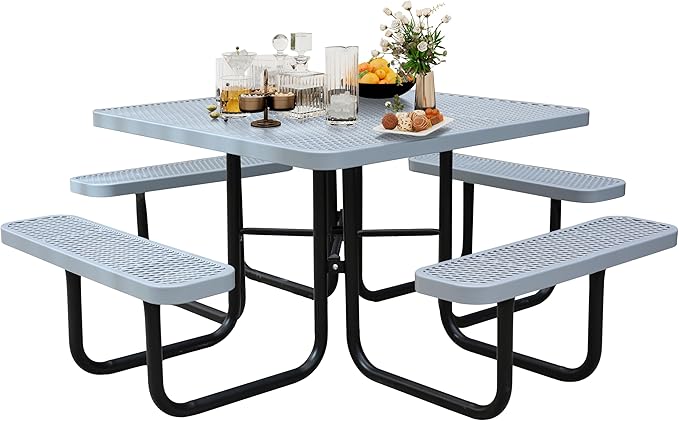 8-Person Picnic Tables for Outdoors, Industrial 46" Expanded Metal Square Picnic