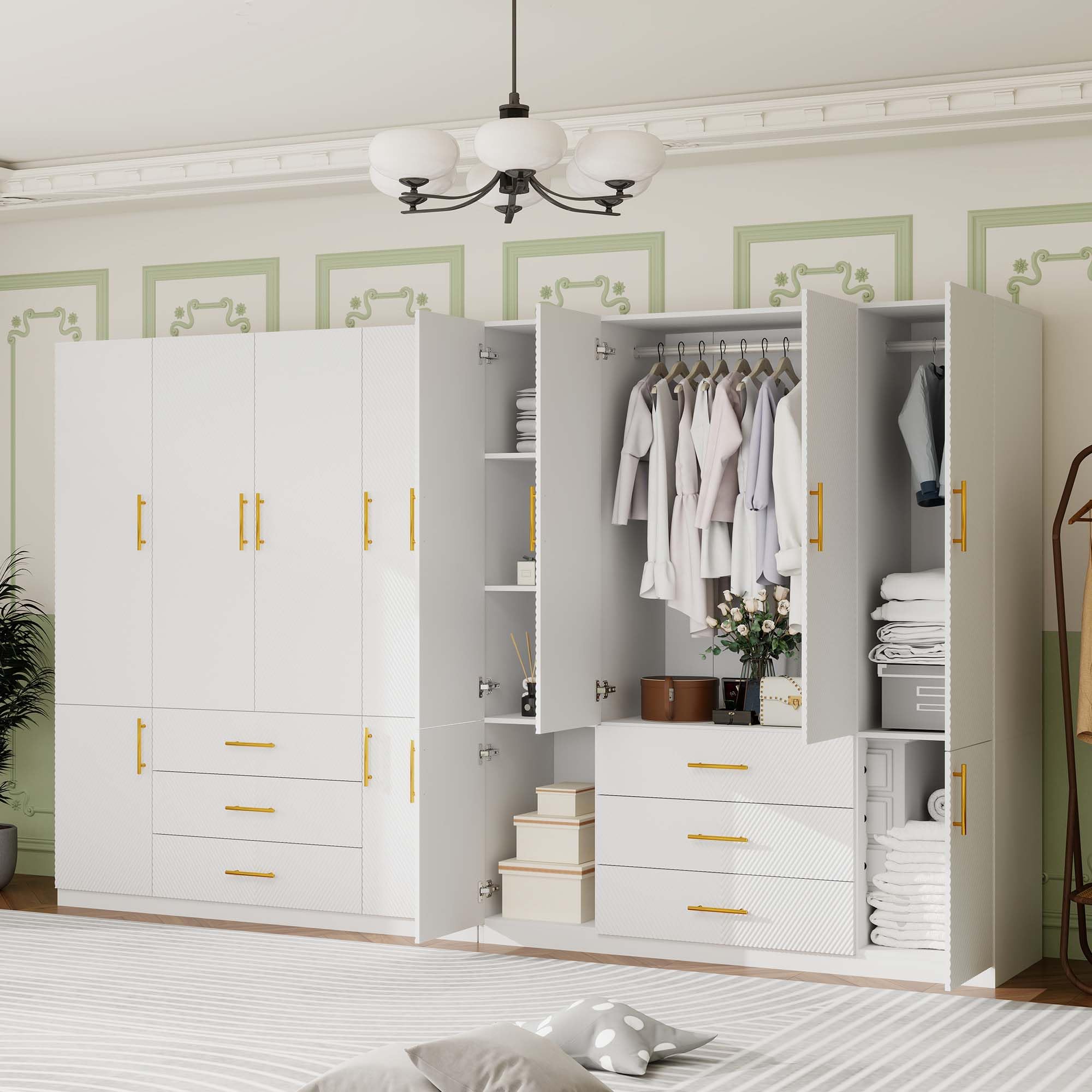 White Wardrobe Closet with Doors, 3 Drawers, Hanging Rods,Armoires