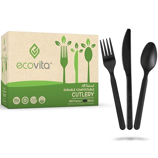 100% Compostable Forks Spoons Knives Cutlery Combo Set - 380 Large Disposable