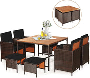 9-Piece Outdoor Dining Set - Patio Wicker Furniture Set w/Acacia Wood Tabletop