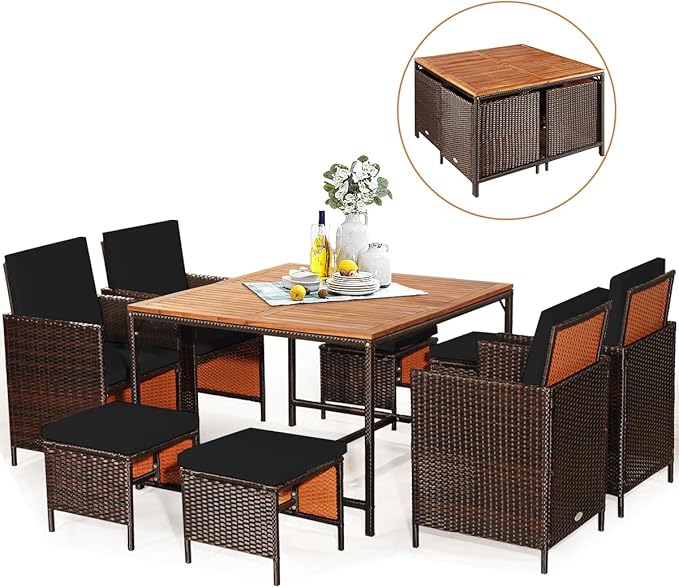9-Piece Outdoor Dining Set - Patio Wicker Furniture Set w/Acacia Wood Tabletop