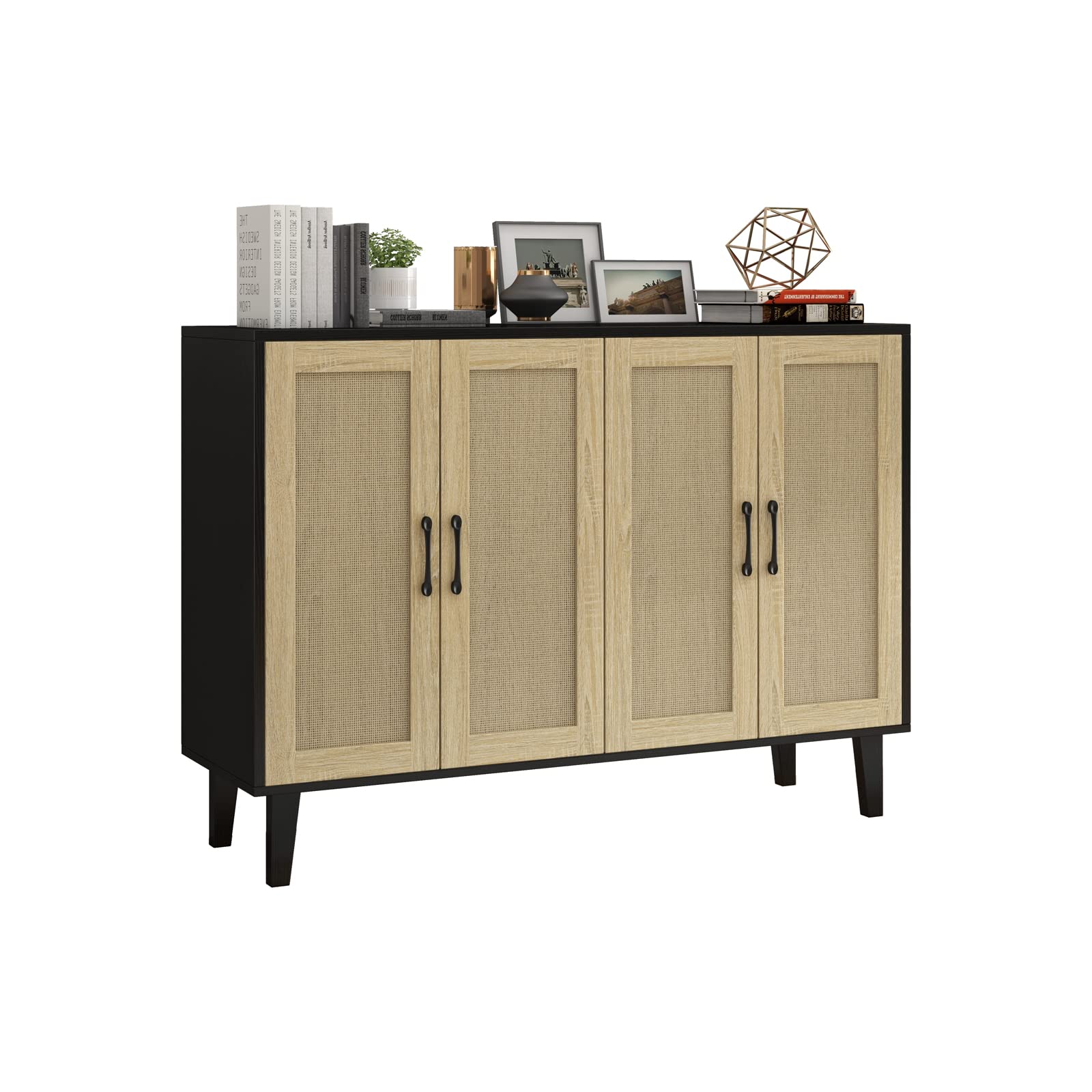 Buffet Storage Cabinet with Rattan Decorating 4 Doors Living Room Kitchen