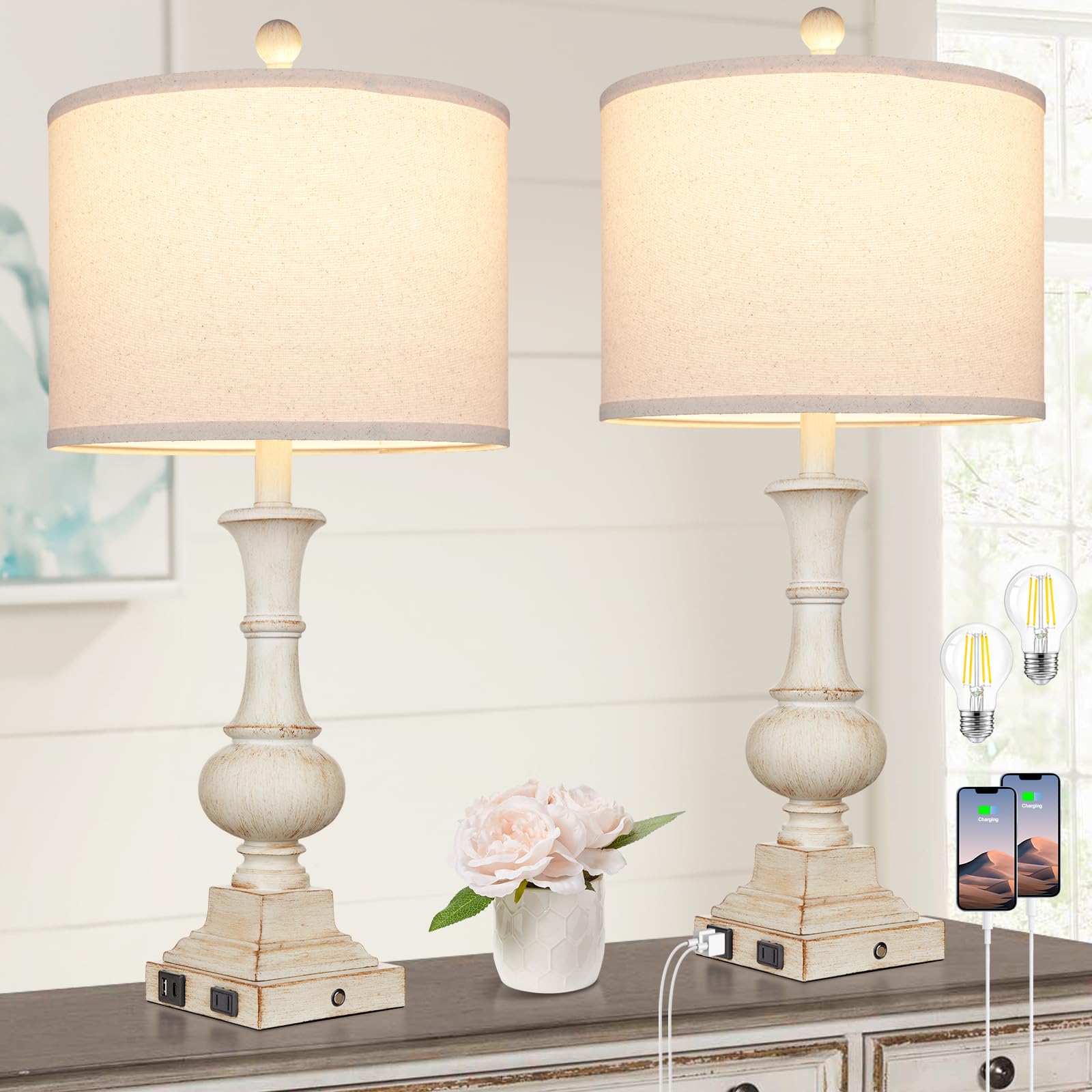 Table Lamps Set of 2, Rustic Touch Control Bedside Lamps with 2 USB Ports & AC