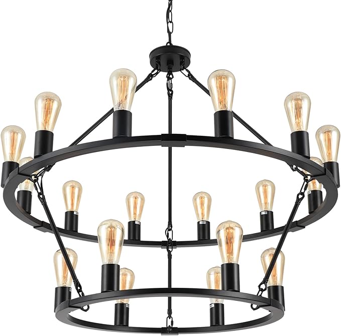 Wagon Wheel Chandelier, 15 Light Black Farmhouse Chandeliers for Dining Room
