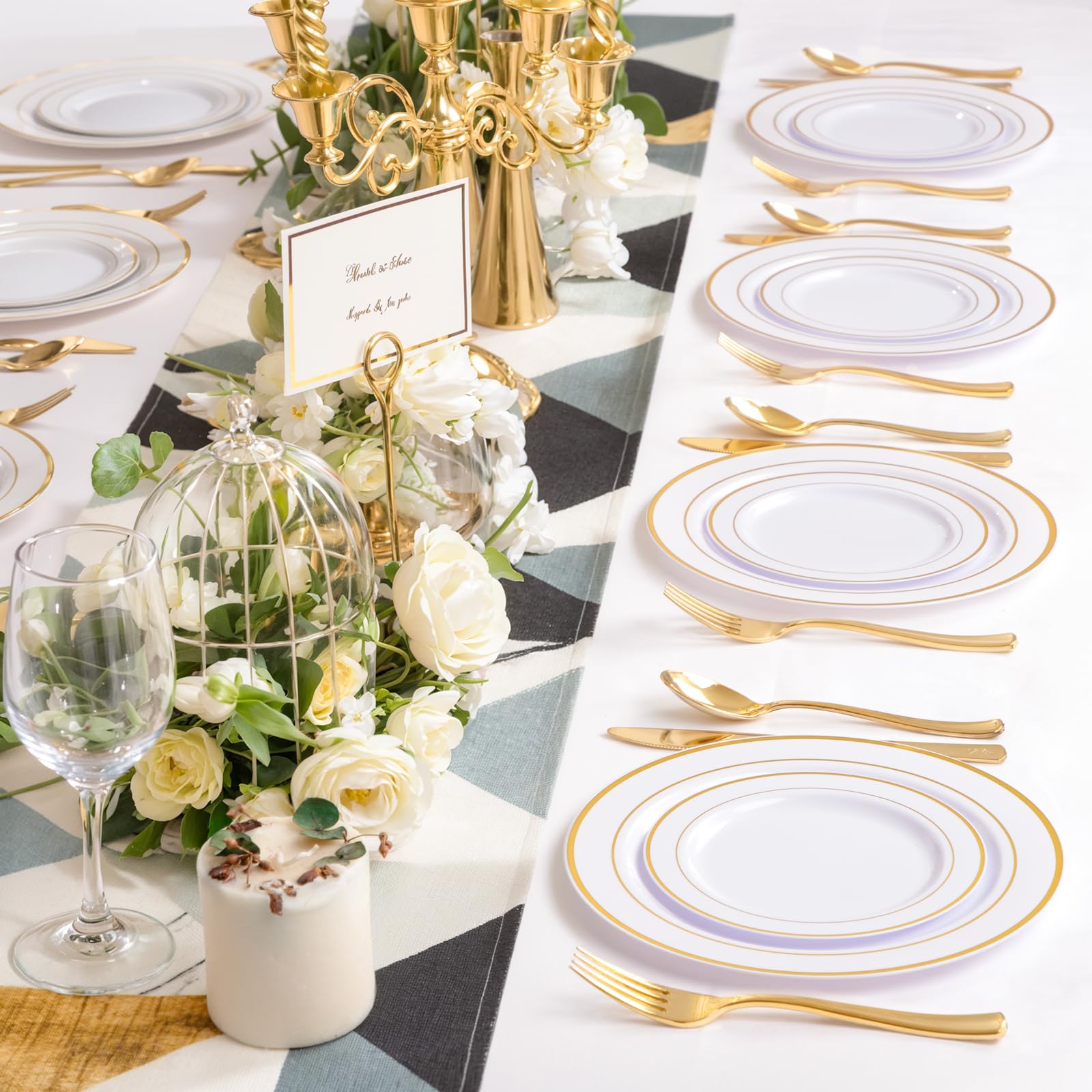 200PCS Gold Plastic Plates Disposable - 100 Dinner / 100 Dessert Plates Heavy Duty