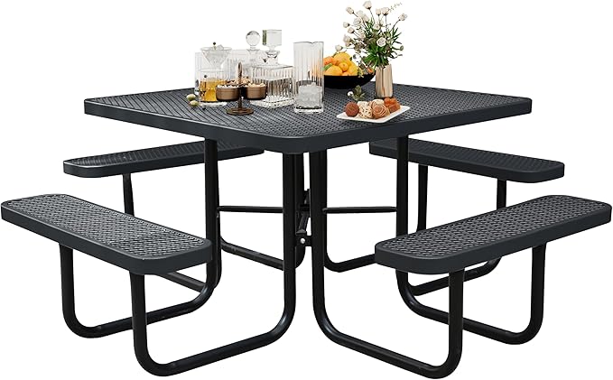 8-Person Picnic Tables for Outdoors, Industrial 46" Expanded Metal Square Picnic
