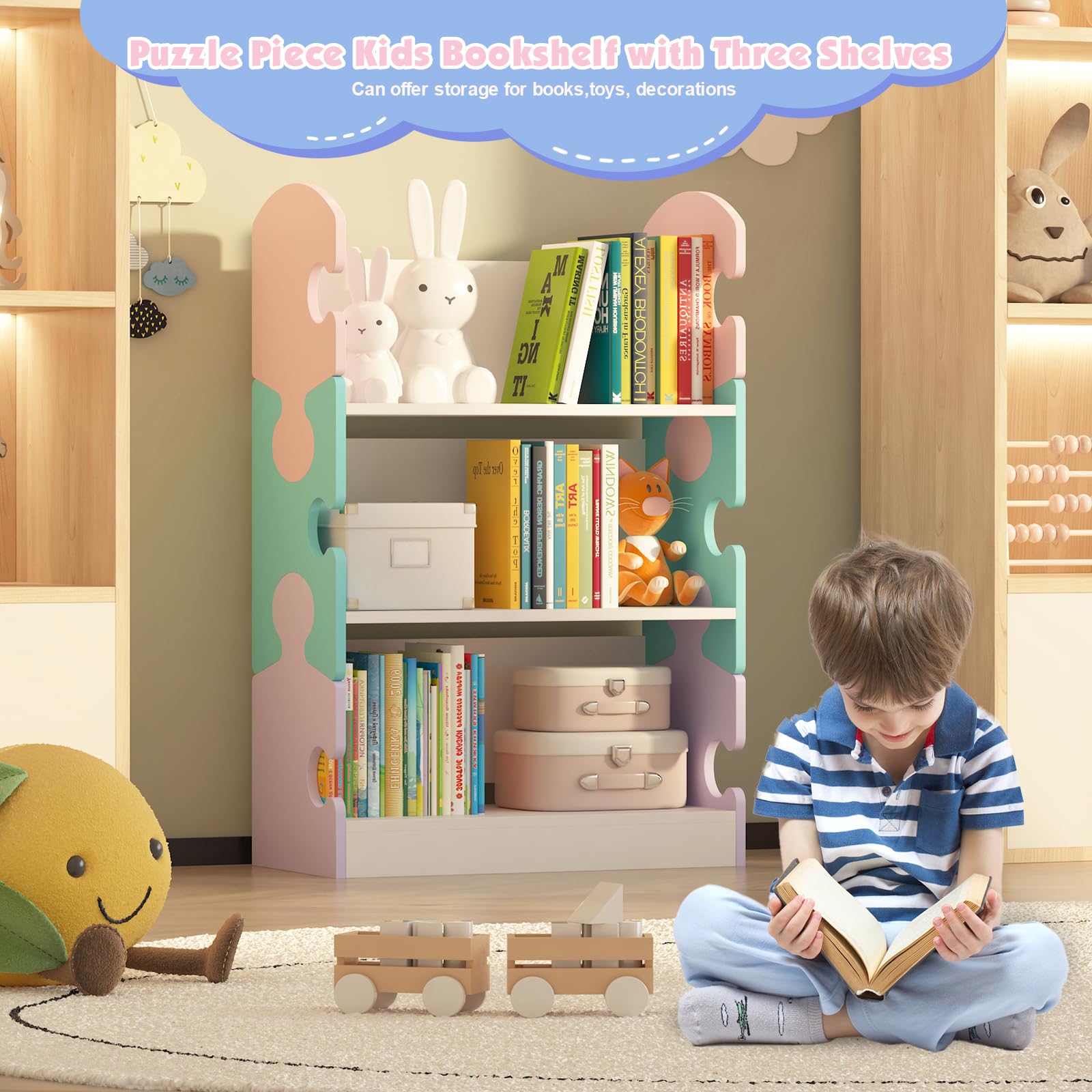 3-Tier Open Kids Bookshelf, Puzzle Book Shelf for Kids' Rooms Toy Storage Cabinet Shelf